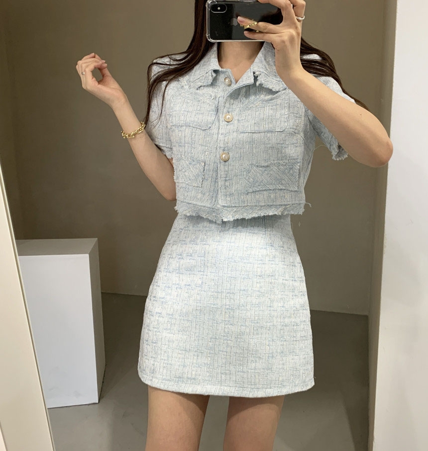 Korean chic summer new design small fragrance jacket + high waist skirt coarse imitation wool fashion suit for women