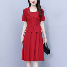 批发假两件短袖连衣裙女2026夏季新款时尚气质收腰显瘦<b class='q'>中长款</b>a字裙子
