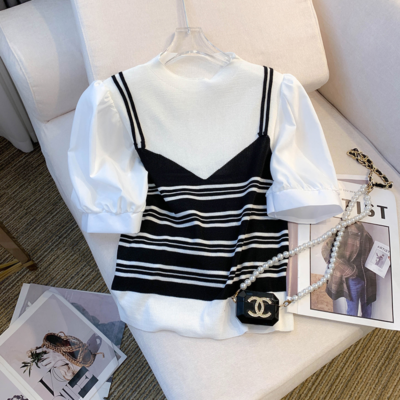 실사 대 물품 2026 여름 새로운 ins 디자인 센스 반팔 티셔츠 작은 대중 얼음 실크 니트 패치워크 맨위 여성