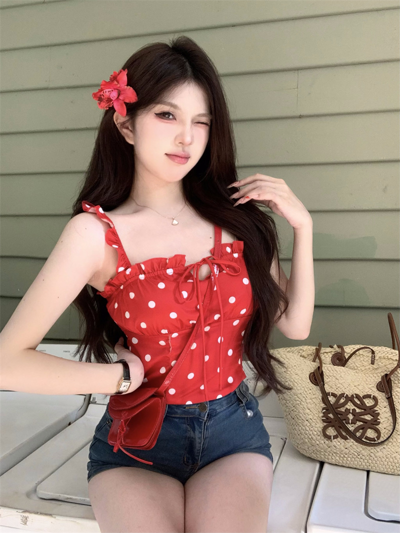 Real shot RFM+ sweet ins celebrity red stylish polka dot suspender summer fashion daily wear