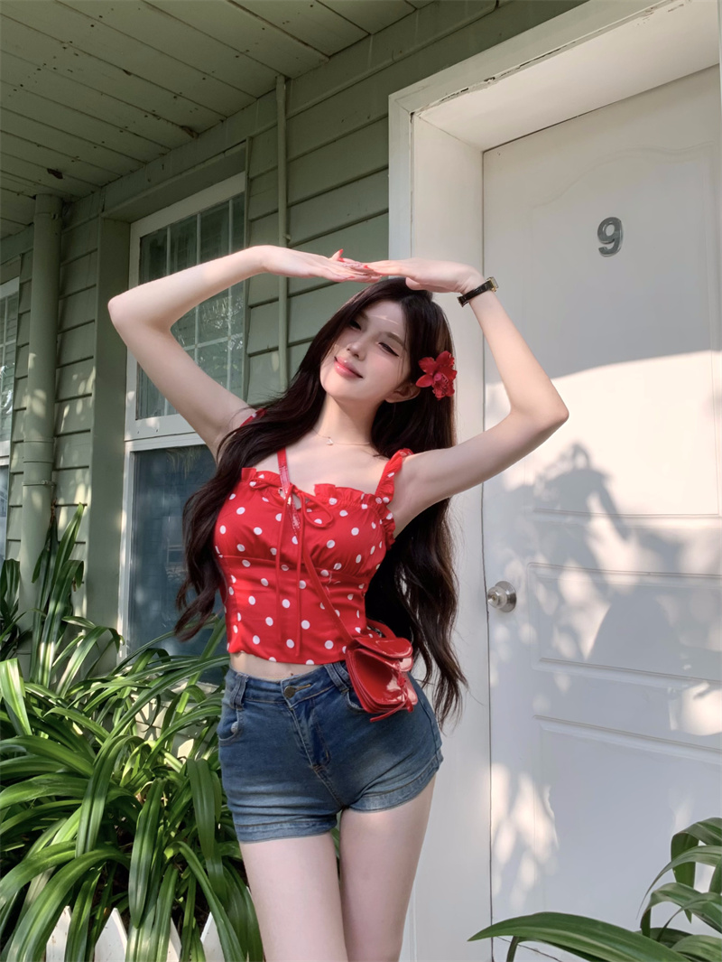 Real shot RFM+ sweet ins celebrity red stylish polka dot suspender summer fashion daily wear