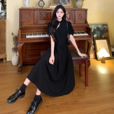 实拍大码新中式改良连衣裙夏季新款小众设计感气质黑色旗袍长裙