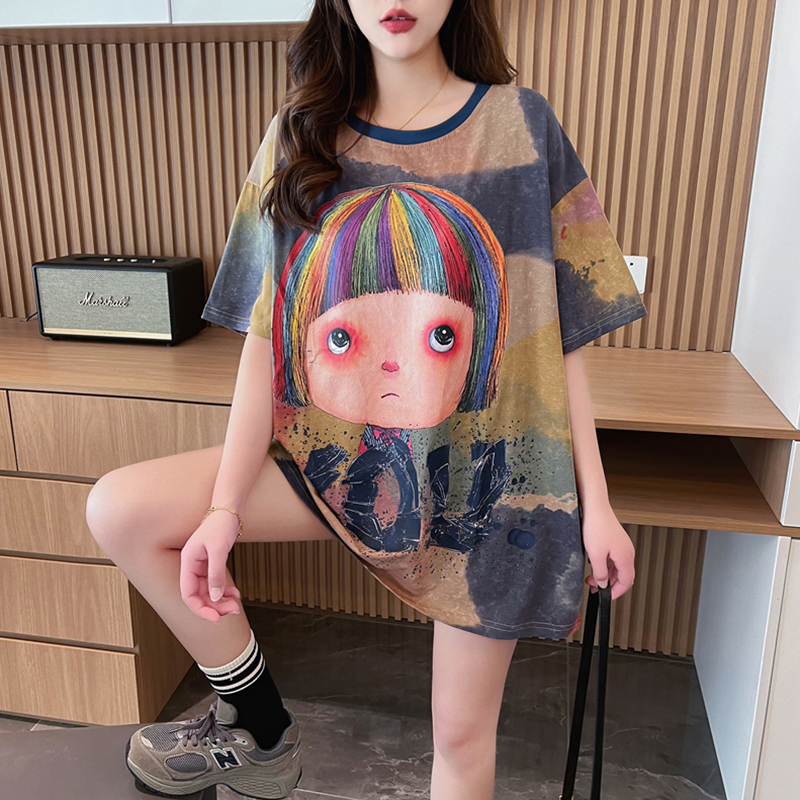 Actual shot of pure cotton 200 grams, back collar, mid-length tie-dyed round neck short-sleeved T-shirt for women, designer summer top