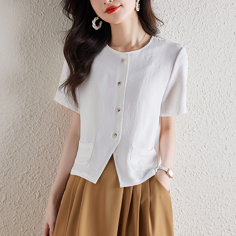 실사 라미 5 점 소매 여성 셔츠 여름 쇼트 스타일 아마 셔츠 품격 재킷 고급 센스 반팔 면 린넨 맨위