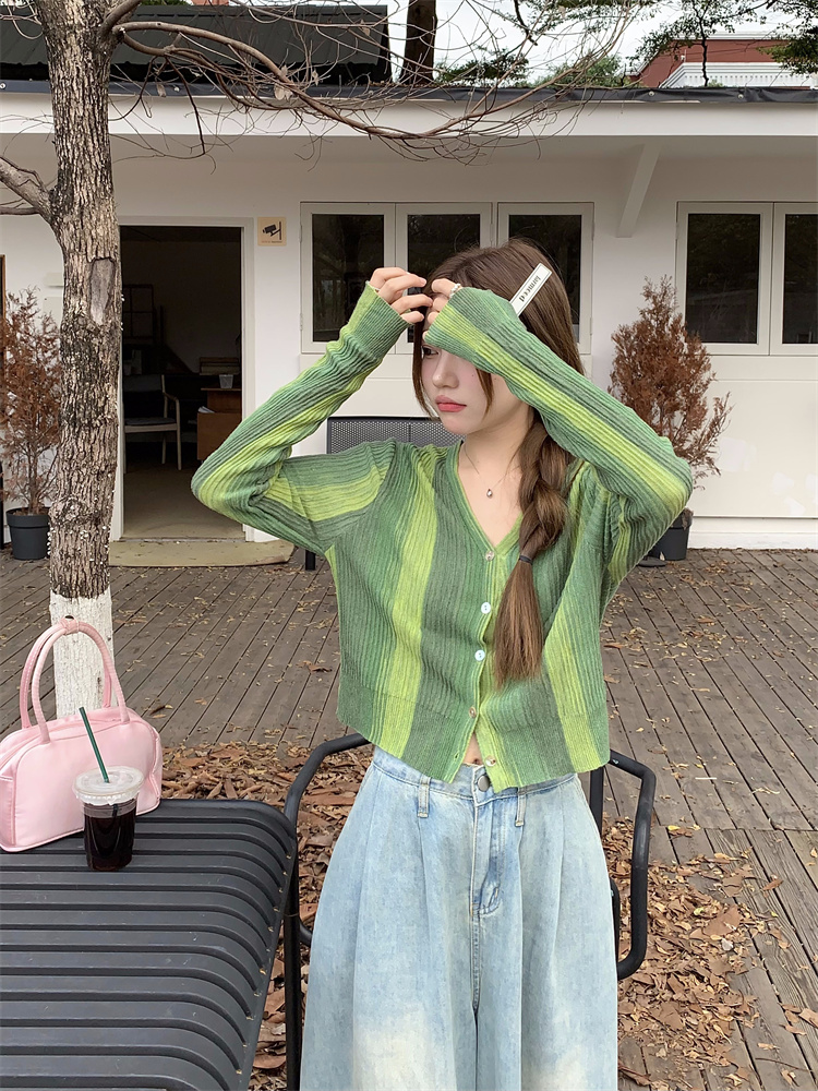 Real shot!  Gradient color V-neck knitted cardigan jacket for women