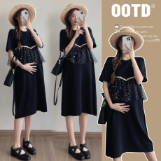 批发实拍<b class='q'>孕妇</b><b class='q'>韩版</b>夏装新款<b class='q'>时尚</b>款宽松气质显瘦<b class='q'>孕妇</b><b class='q'>短袖</b>拼接蕾丝连衣裙