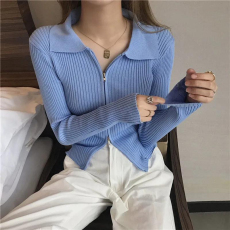 批发针织上衣<b class='q'>女</b>新款春辣妹修身短款长袖设计感拉链毛衣<b class='q'>开衫</b>打底