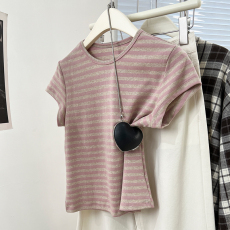 实价实拍#粉色条纹纯棉正肩短袖t恤女夏季小众小个子体恤短款上衣