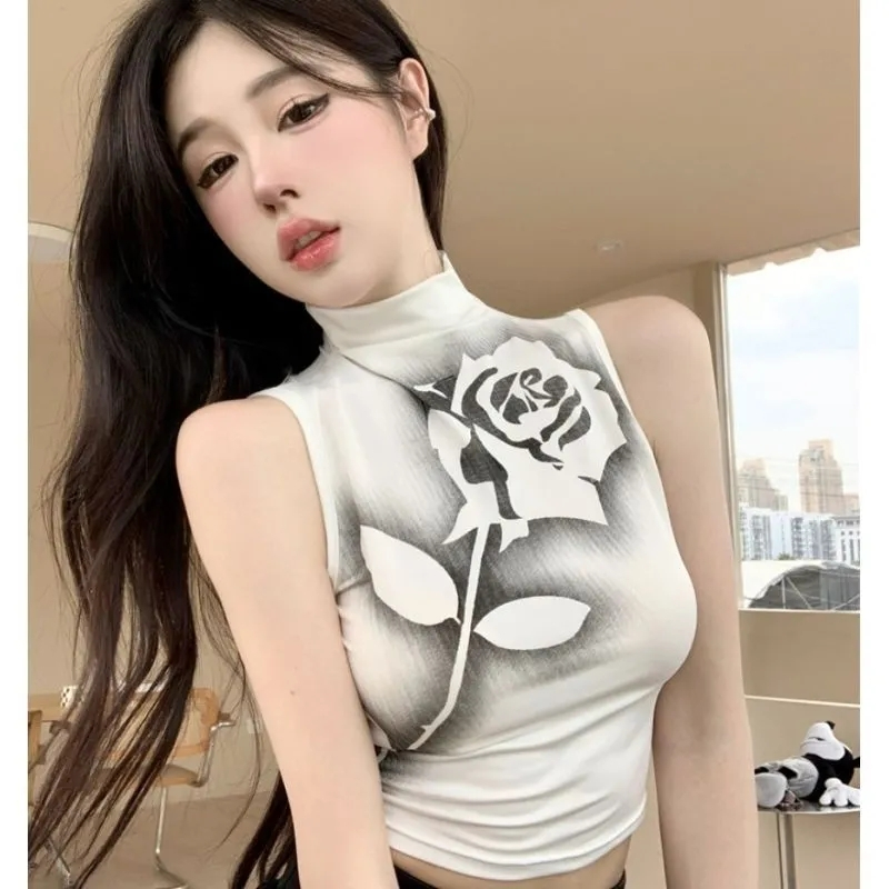 玫瑰印花半高領無袖黑色背心女夏季設計感辣妹百搭修身顯瘦上衣潮