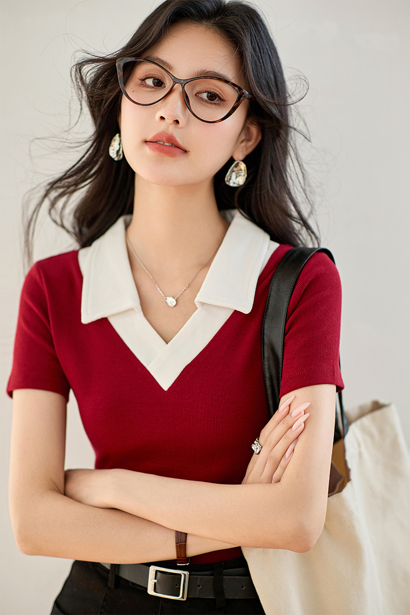 실사 POLO 칼라 빨간색 티셔츠 여성용 짧은 소매 여름 드레스 디자인 센스 순면 동정 핫걸 맨위
