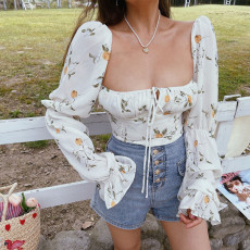 批发新款法式秋冬上衣<b class='q'>欧美</b>风短款方领泡泡性感碎花长袖薄款设计辣妹