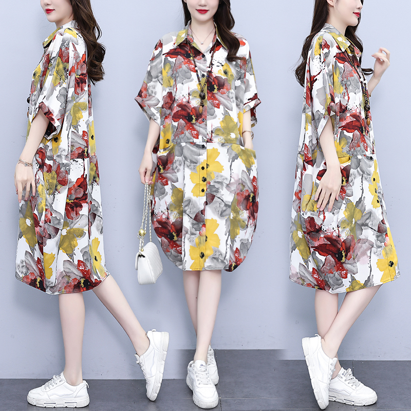 MY10017# 夏季新款韩版POLO领遮肉衬衫连衣裙中长款休闲宽松型女裝...