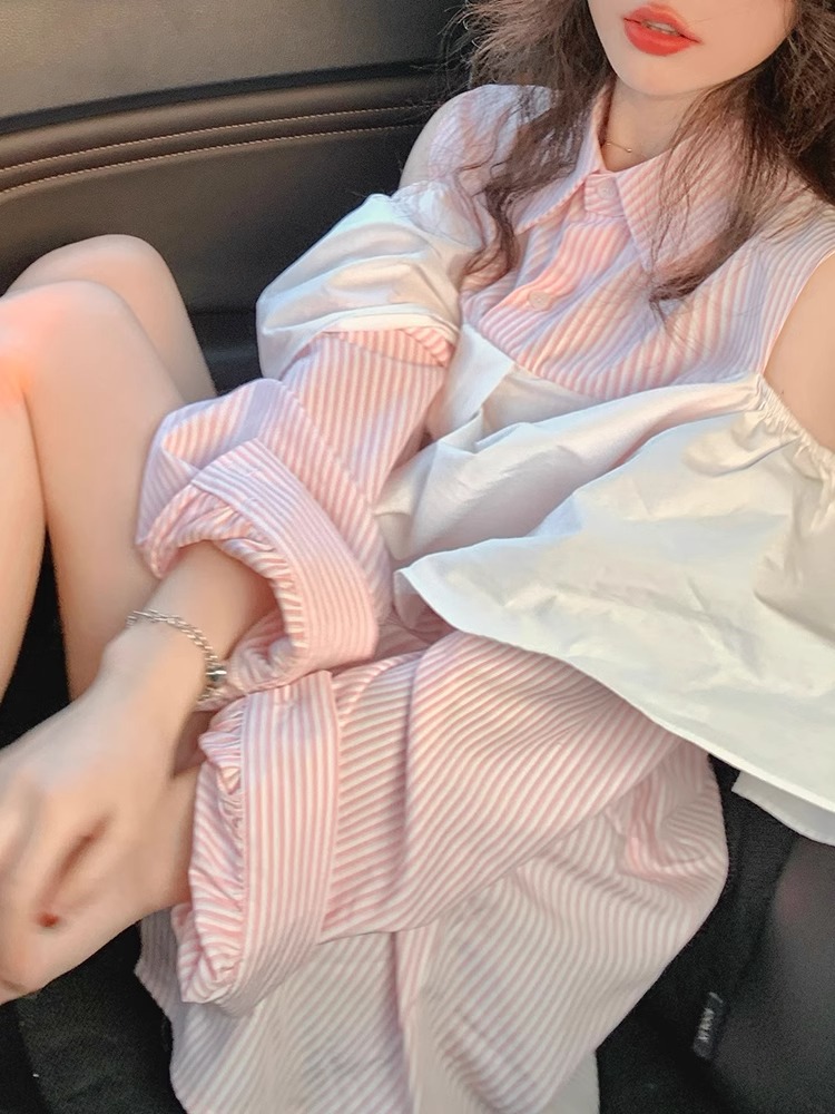 Korean style pink off-shoulder striped shirt for women 2024 new summer loose casual versatile commuting bow top