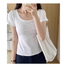 批发40支94棉精梳棉直播品质夏季新款T恤女u领短袖修身露锁骨上衣体恤