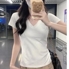 批发40支94棉精梳棉直播品质小心机V领T恤短袖女上衣夏季美式辣妹收腰