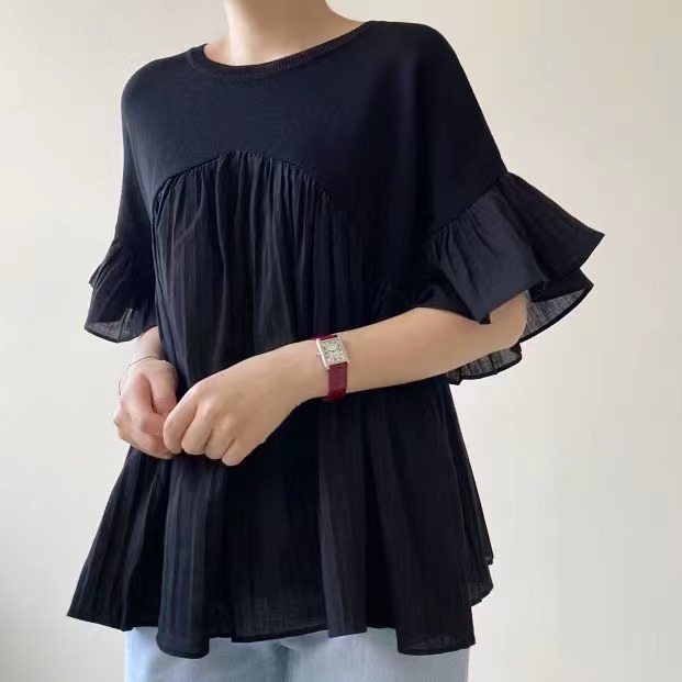 2024 Bell-sleeved chiffon spliced ​​ice silk knitted top thin short-sleeved pleated high-waist babydoll shirt