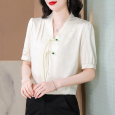 批发实拍 新中式盘扣衬衫女国风唐装叠穿内搭短袖V领衬衣设计感小衫