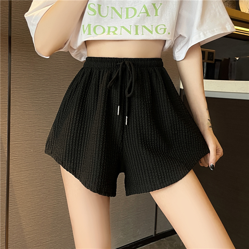 -Real shot of jacquard hottie loose casual slim drawstring wide leg shorts for women trendy