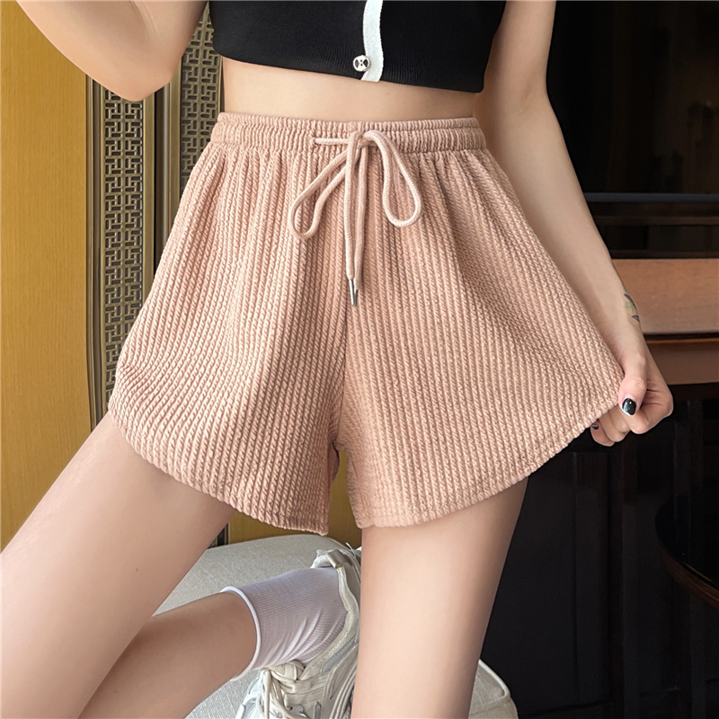 -Real shot of jacquard hottie loose casual slim drawstring wide leg shorts for women trendy