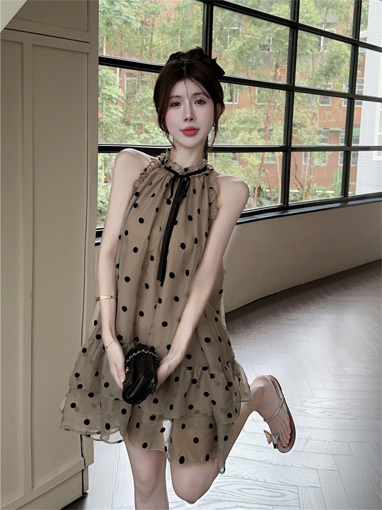 Actual shot of pure lusty polka-dot ruffled halterneck loose A-line dress