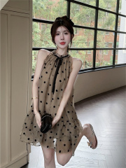 Actual shot of pure lusty polka-dot ruffled halterneck loose A-line dress