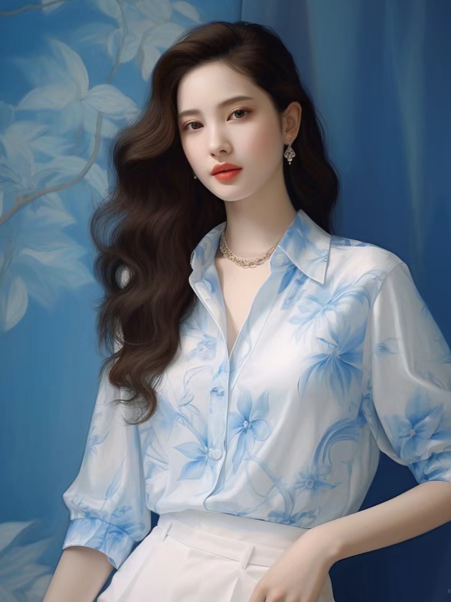 빛 럭셔리 작은 대중 디자인 센스 파란색 꽃 여성 셔츠 2026 봄 새로운 차 휴식 프랑스식 5 점 소매 꽃 셔츠