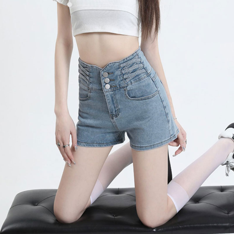 Niche hot girl denim shorts women's cross new style high-waisted A-line belly-control design straight denim hot pants