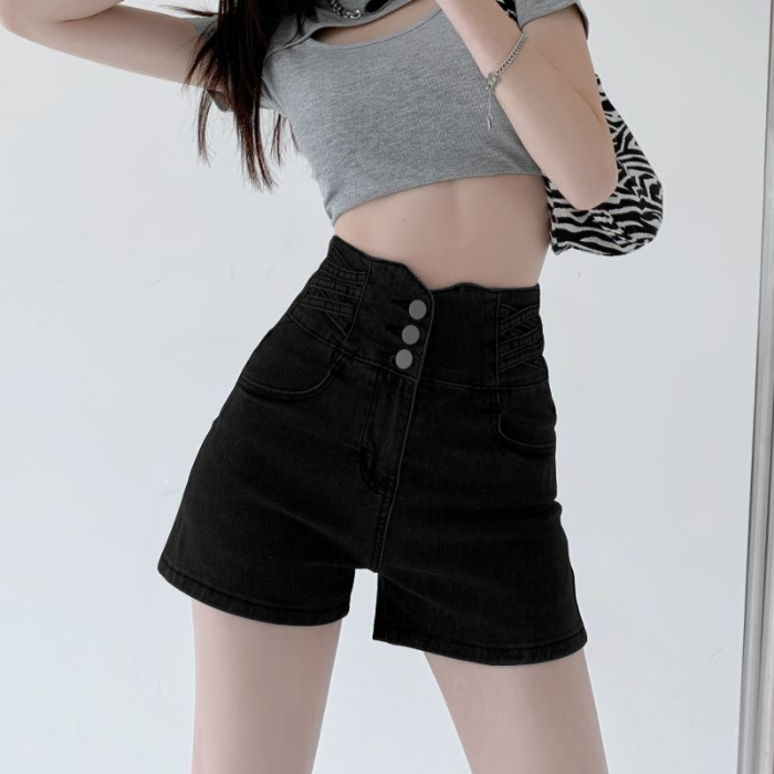 Niche hot girl denim shorts women's cross new style high-waisted A-line belly-control design straight denim hot pants