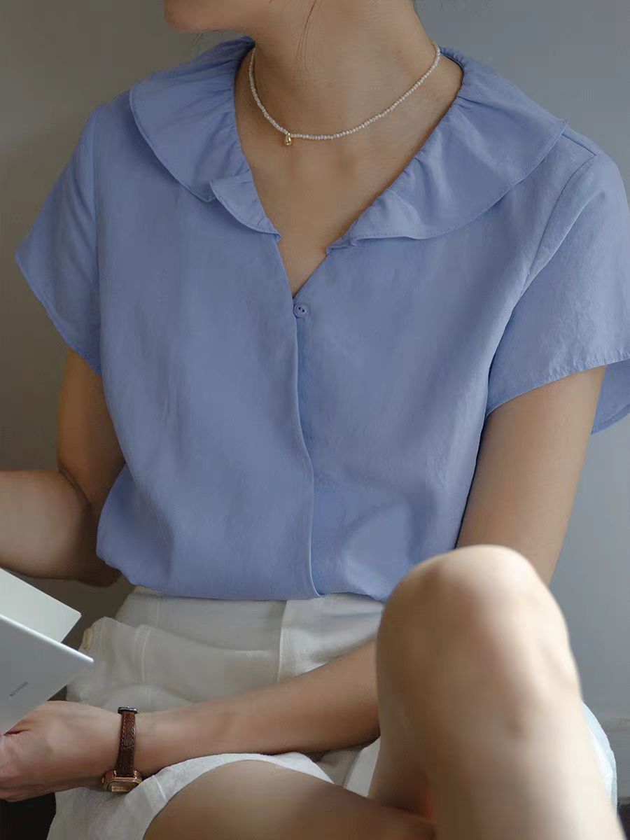 프랑스어 주간 실크 V 칼라 프릴 짧은 소매 여성 셔츠 여름 2023 새로운 레트로 기질 맨위