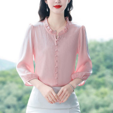 批发实拍<b class='q'>真丝</b><b class='q'>衬衫</b>新款复古港味气质桑蚕丝上衣女士百搭小衫宽松遮肚子