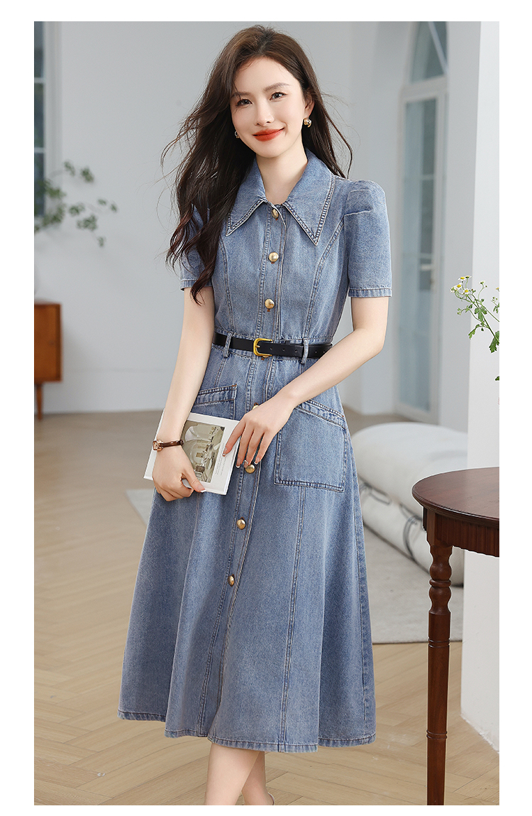 蓝色牛仔连衣裙女2024夏装新款高级收腰显瘦气质通勤长裙