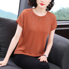 批发夏季宽松短袖t恤女焦糖色2026夏装新款亮丝妈妈<b class='q'>体恤衫</b>批发