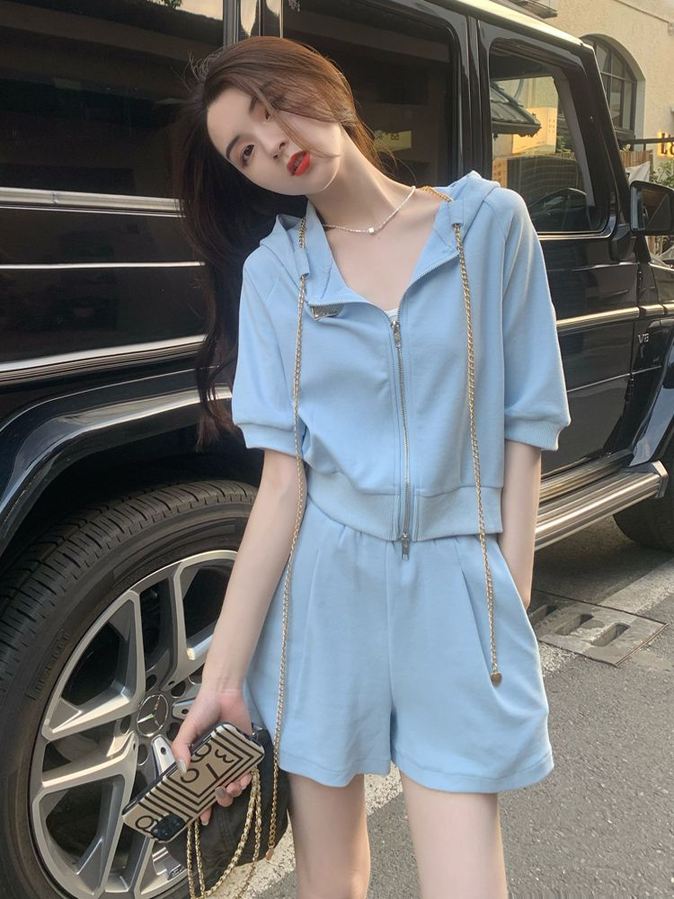 FA28947# 休闲运动套装女夏显瘦小个子时尚洋气时髦短袖短裤盐系炸街两件套 服裝批發女裝批發服飾貨源