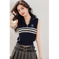 批发实拍◆有◆夏季新款韩版设计感简约学院风拉链半开胸绣花背心