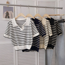 批发POLO领条纹针织衫女夏季新款<b class='q'>韩版</b>短款宽松显瘦短袖别致绝美小上衣