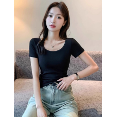 批发40支94棉精梳棉直播品质黑色短袖t恤女夏显瘦白色纯棉U领修身百搭