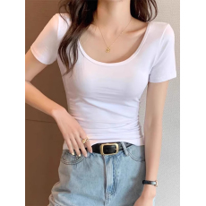 批发40支94棉精梳棉直播品质黑色短袖t恤女夏显瘦白色纯棉U领修身百搭