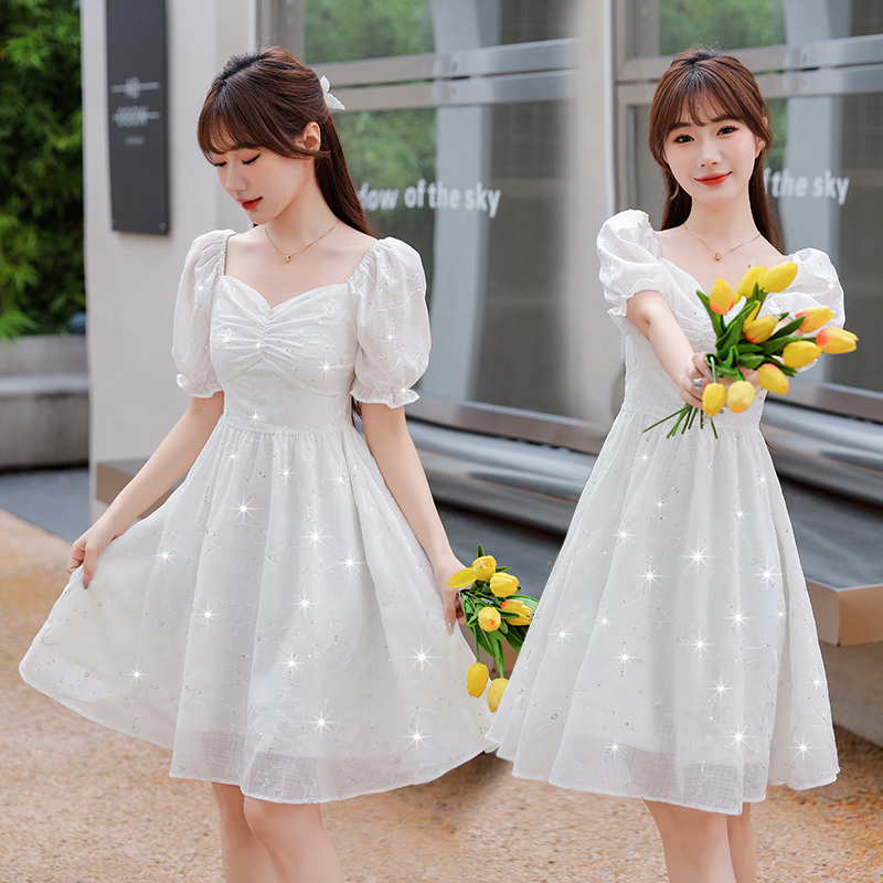 PF7492#茶歇法式白色方领雪纺连衣裙女夏季小个子纱裙蛋糕蓬蓬仙女长裙子