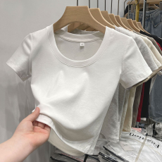 批发40支94棉精梳棉直播品质夏季新款T恤女u领短袖内搭露锁骨上衣体恤