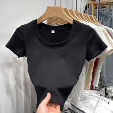 批发40支94棉精梳棉直播品质u领短袖T恤女夏季新款百搭修身显瘦上衣潮