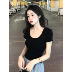 批发40支94棉精梳棉直播品质纯欲u领短袖t恤女夏季设计感小众辣妹上衣