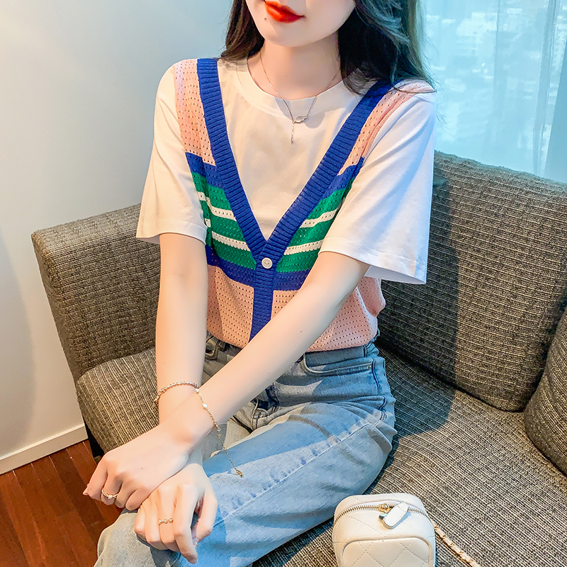 PF4476#夏季新款韩版粉色拼接假两件短袖女休闲T恤上衣女裝批發 服裝批發 服裝貨源