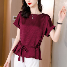 批发实拍<b class='q'>真丝</b>上衣女2026夏季新款短袖大码宽松女士桑蚕丝气质妈妈套头