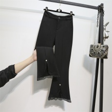 批发实拍大码胖mm新款冰丝喇叭裤七分蕾丝拼接黑色紧身显瘦休闲百搭裤