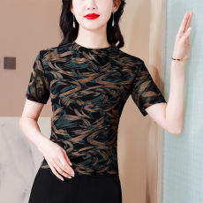 批发实拍2026夏季新款打底衫女短袖套头网纱印花修身上衣时尚洋气T恤