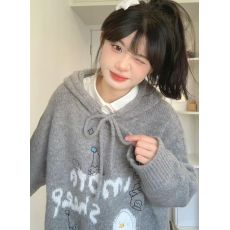 批发实价#绵羊绒#oversize慵懒风灰色卡通连帽毛衣女韩版学生针织衫