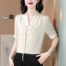 批发实拍 新中式盘扣衬衫女国风唐装叠穿内搭短袖V领衬衣设计感小衫