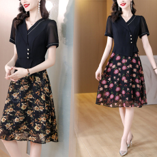 批发实拍有货 2026夏季新款短袖连衣裙雪纺拼接裙子洋气收腰大摆洋气