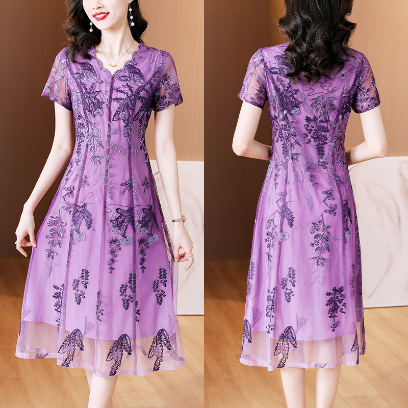 PF6228#新款紫色古典连衣裙气质中老年短袖女V领蕾丝拉链女裝貨源服裝批發