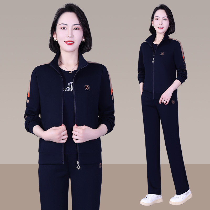 봄 가을 연령 감소 슬림해 보이는 중년 어머니 드레스 패션 긴팔 외국 가스 스탠드 칼라 운동 캐주얼 세 조각 세트